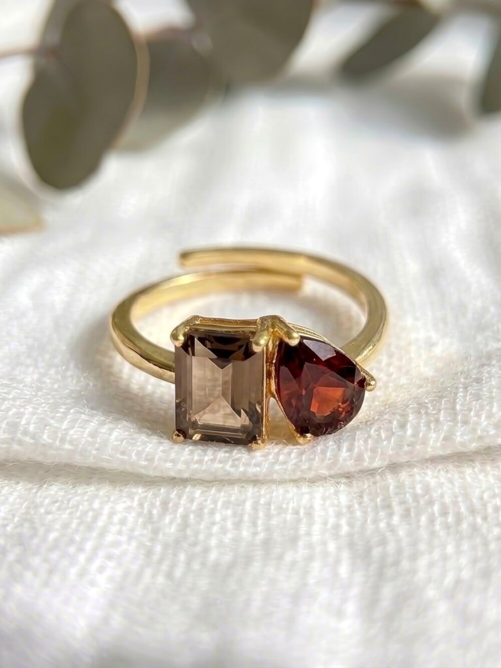 Garnet and Smoky Quartz Toi et Moi Adjustable Ring, 14k Gold Vermeil